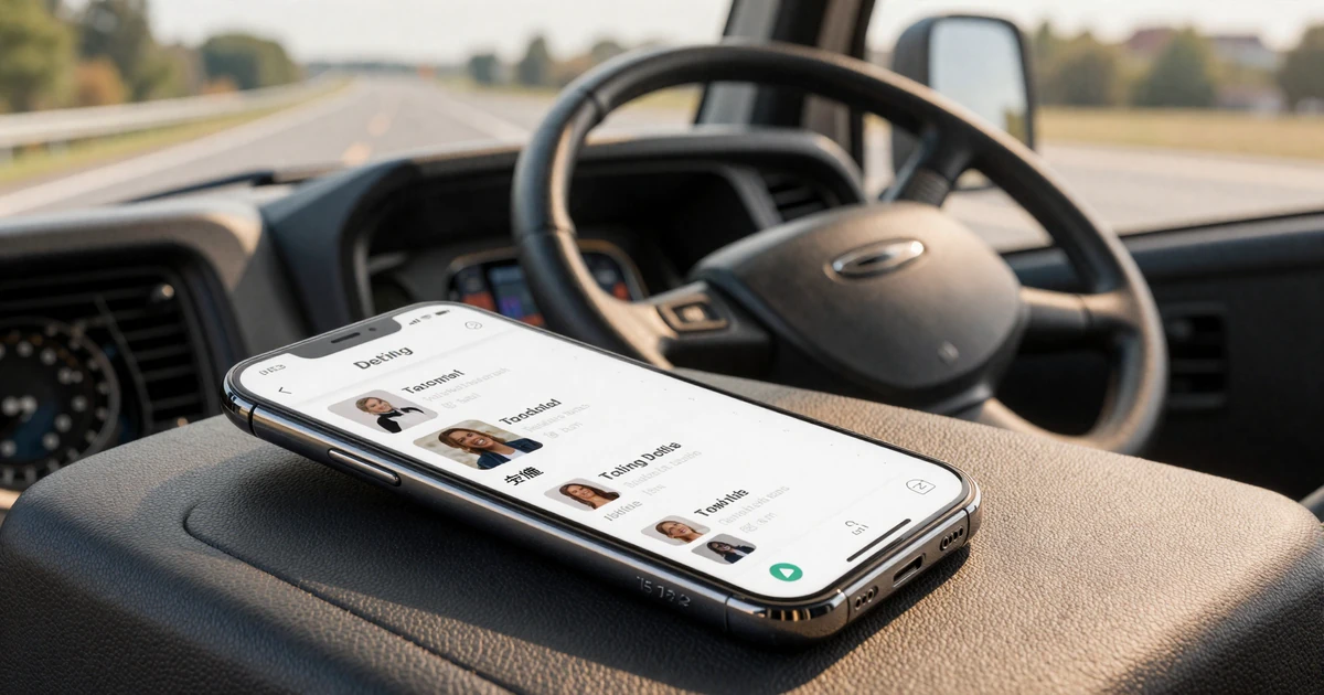 Smartphone with a dating app on a truck dashboard in natural daylight for online dating tips for truck drivers