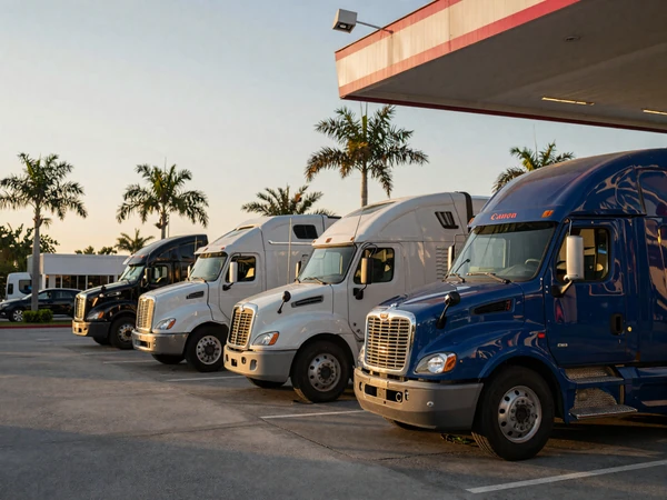 Florida truck stop parking lot at sunset with palm trees, a common meeting point for trucker dating connections