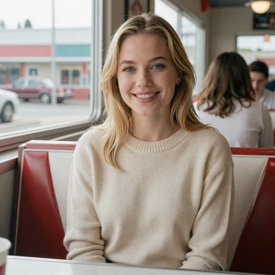 Sofia, a 31-year-old blonde woman in a sweater at a Los Angeles diner, natural daylight portrait
