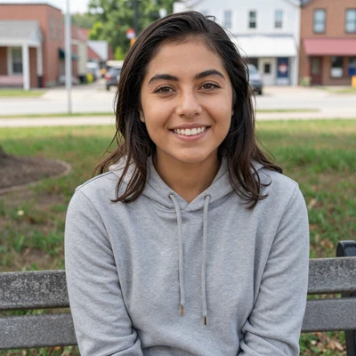 Sara, 25, a brunette woman in a hoodie at an Iowa park, verified trucker dating profile