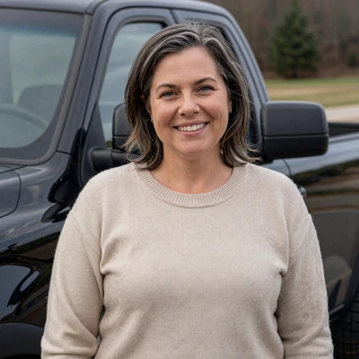 Patricia, 43, a woman with gray hair in a sweater by a pickup truck in Pennsylvania, trucker dating profile