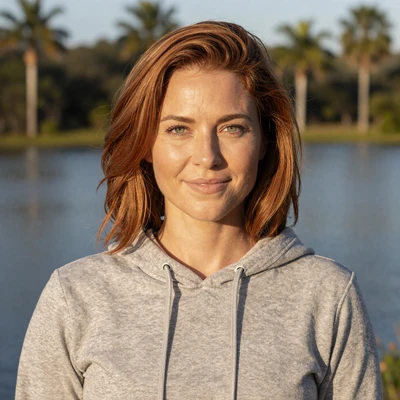Amanda, 35, a woman with auburn hair in a gray hoodie near a Florida lake, trucker dating profile
