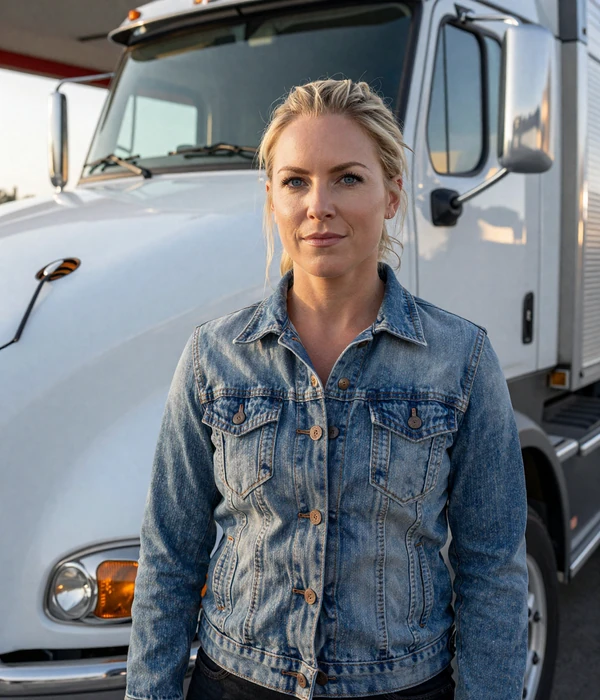 Rachel, a 35-year-old female truck driver in a denim jacket standing beside a semi-truck cab, representing dating safety for women on the road