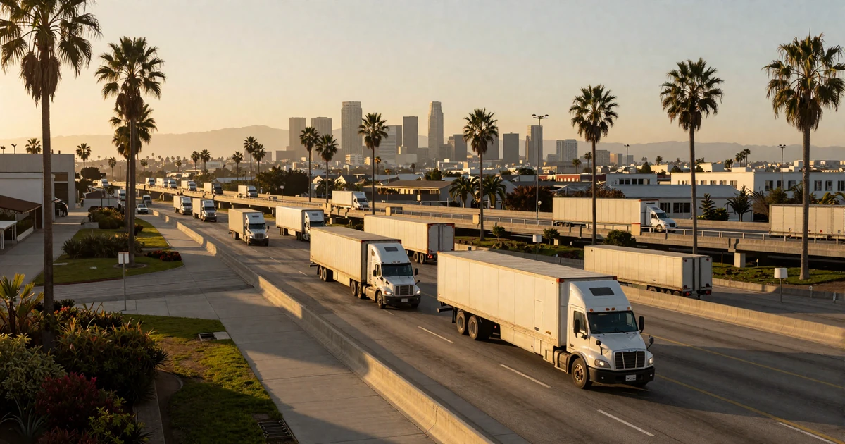 Los Angeles I-5 highway interchange with semi trucks at golden hour, palm trees and downtown skyline in the distance