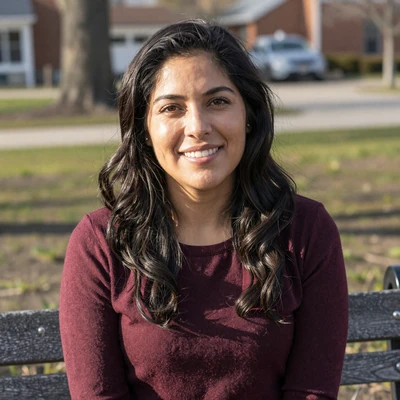 Maria, 35, a Latina woman in a burgundy sweater at a Cincinnati park, Ohio trucker dating profile