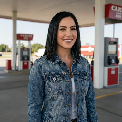 Megan, 30, woman with black hair in denim jacket at Nebraska truck stop, verified trucker dating profile