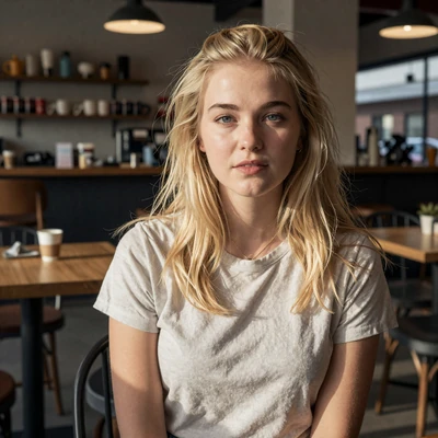 Lauren, a 26-year-old blonde woman in a t-shirt at a Dallas cafe