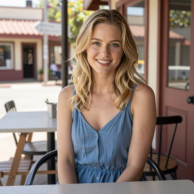 Megan, 29, a blonde woman in a sundress at an outdoor cafe, verified California trucker dating profile