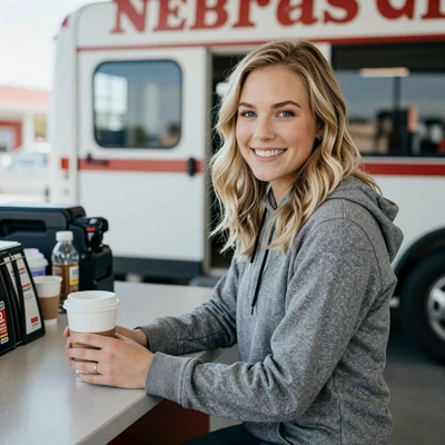Ashley, 28, blonde woman in a hoodie at a Nebraska truck stop, verified trucker dating profile