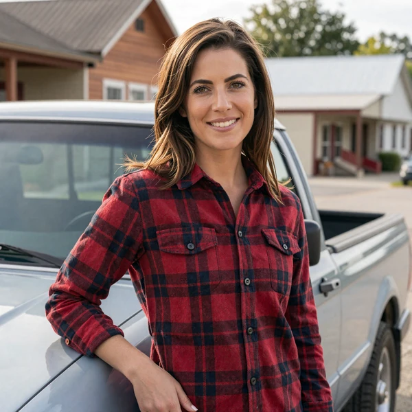 A woman in a flannel shirt standing beside a pickup truck, representing the JourneyMatch community of women who love truckers