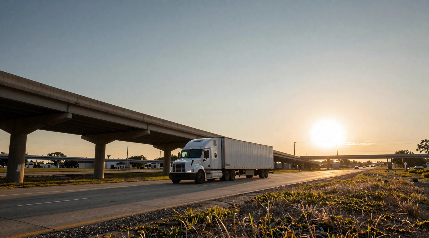Dallas interstate interchange with a semi-truck at sunset on I-35E and I-20