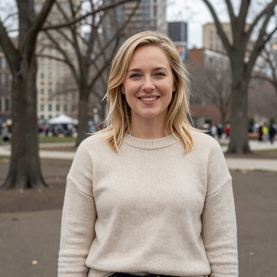 Amanda, a 34-year-old blonde woman in a sweater at a Chicago park