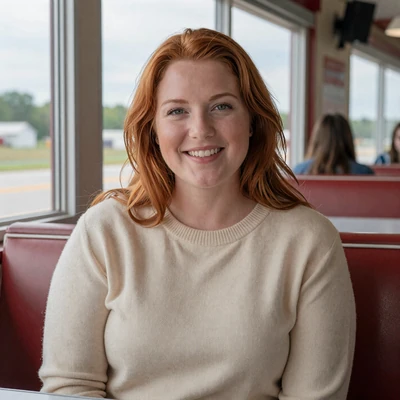 Dana, 34, a redhead woman in a sweater at an Iowa diner, verified trucker dating profile