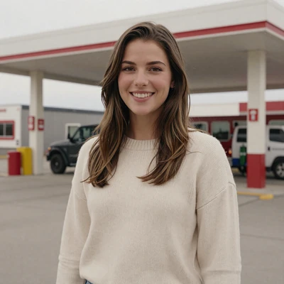 Rachel, 28, a brunette woman in a thick sweater at a Wyoming truck stop, verified trucker dating profile
