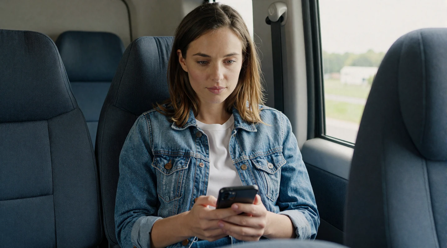 Woman looking at a smartphone in a semi-truck cab illustrating why truck drivers struggle with traditional dating apps