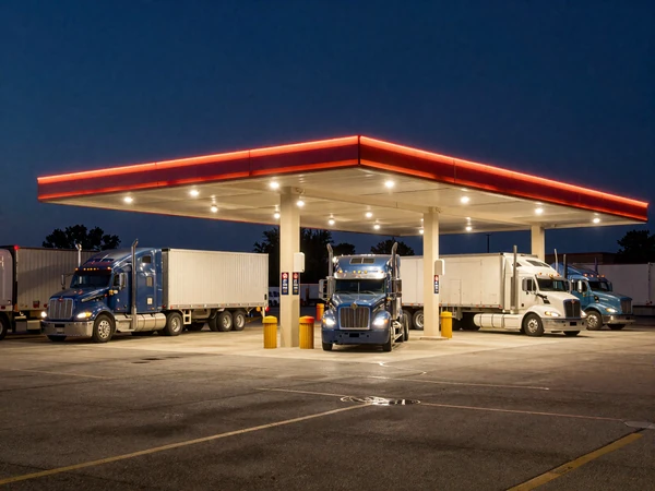 Texas truck stop at night with semi trucks parked in the Dallas area