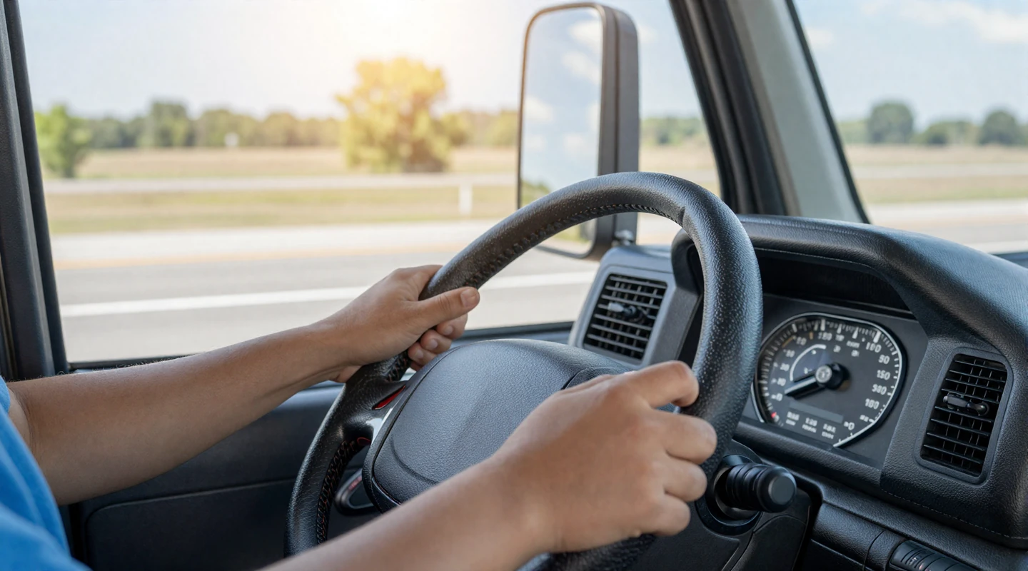 Truck driver's hands on a steering wheel in natural light for dating a truck driver guidance
