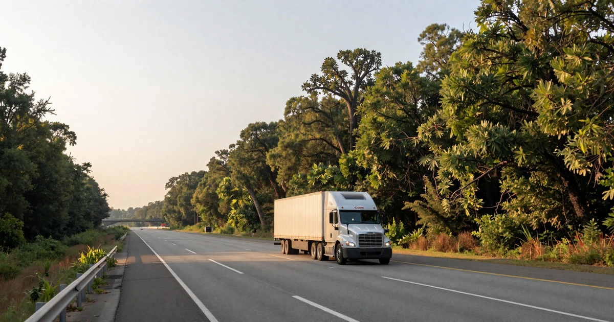 Semi-truck driving on Interstate 75 through Georgia at golden hour with lush green trees