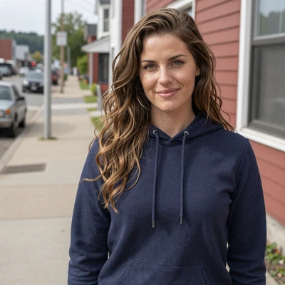 Jenna, 31, a brunette in a navy hoodie on a Pennsylvania sidewalk, verified trucker dating profile