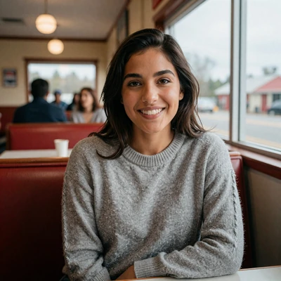 Tyler, 27, a brunette woman in a sweater at a roadside diner near West Memphis, Arkansas trucker dating profile