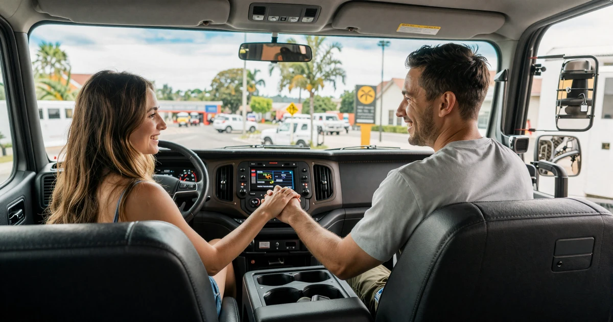 Couple holding hands across a semi-truck console, illustrating maintaining relationships during long hauls
