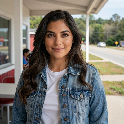 Brianna, 29, a Latina woman in a denim jacket at a Georgia diner, trucker dating profile