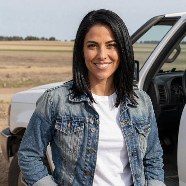 Woman in a denim jacket standing near a pickup truck in Nebraska, trucker dating profile photo